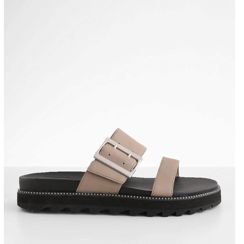Sorel Taupe Slide Sandal with Buckle and Black Lug Sole